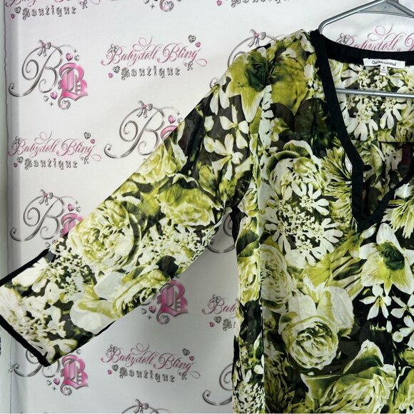 Quintessential blouse flowers Floral Green white black Top artsy button flowy - Picture 6 of 11